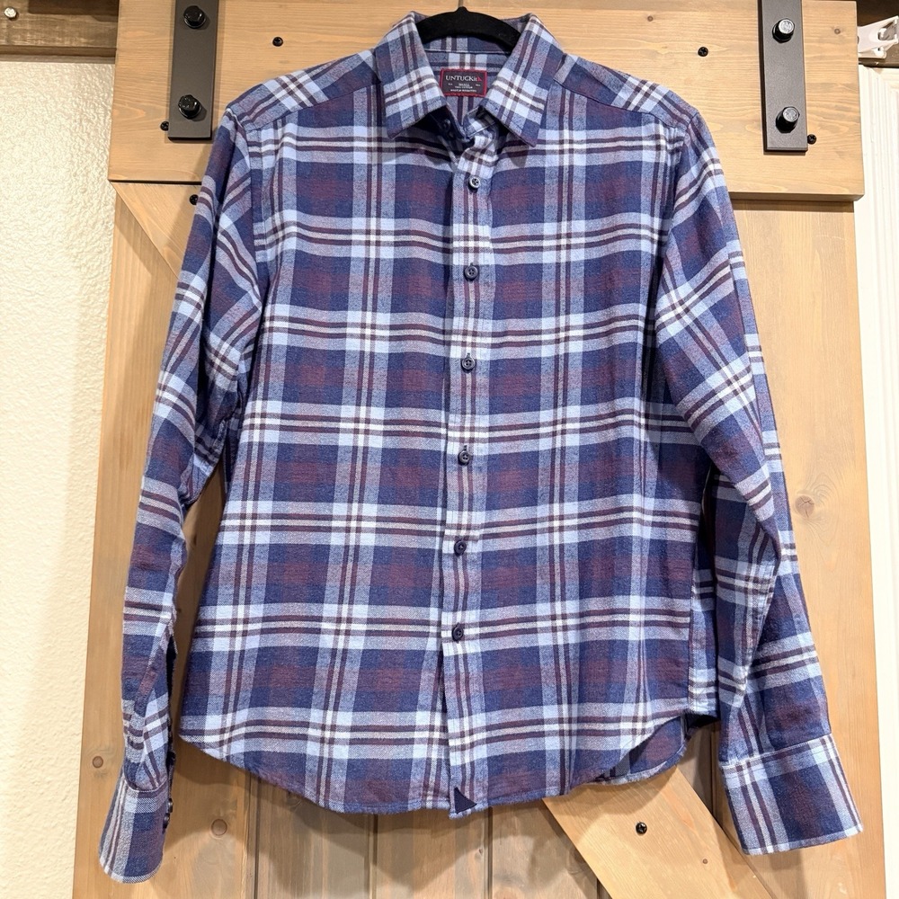 UNTUCKit Flannel Shirt Mens Small Blue Tartan plaid 100% Cotton Preppy Hipster
